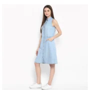 Generic Women's Denim Solid Sleeveless Below Knee Dress (Blue) - Image 3
