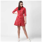 Generic Women's Polyester Checkered Long Sleeves Above Knee Dress (Red) - Image 6