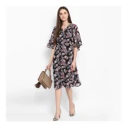 Generic Women's Polyester Floral Short Sleeve Knee-Length Dress (Black - Multicolor) - Image 6