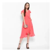 Generic Women's Polyester Ruffled Cap Sleeve Below Knee Dress (Coral Pink) - Image 6