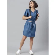 Generic Women's Denim Solid Flutter Above Knee Dress (Blue) - Image 5