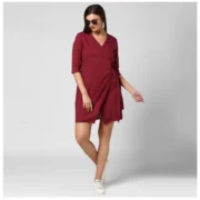 Generic Women's Cotton Solid 3-4th Sleeves Above Knee Dress (Maroon) - Image 5