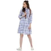 Generic Women's Cotton Checkered Roll Up Sleeve Above Knee Dress (Blue) - Image 6
