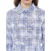 Generic Women's Cotton Checkered Roll Up Sleeve Above Knee Dress (Blue) - Image 2