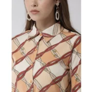 Generic Women's Polyester Printed Roll Up Sleeve Above Knee Dress (Off White - Brown) - Image 2