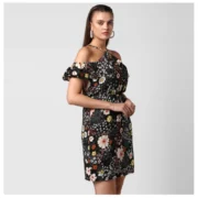 Generic Women's Polyester Floral Cold Shoulder Above Knee Dress (Black) - Image 4