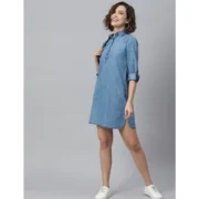 Generic Women's Denim Solid Long Sleeves Above Knee Dress (Ice Blue) - Image 5