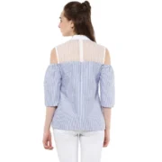 Generic Women's Cotton Striped Cold Shoulder Top (Blue) - Image 2