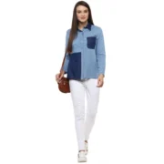 Generic Women's Denim Patch Work Long Sleeves Regular Top (Blue) - Image 3