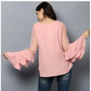 Generic Women's Polyester Solid Tier Sleeve Top (Pink) - Image 2