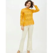 Generic Women's Cotton Lace Inserts Long Sleeves Top (Yellow) - Image 3