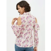 Generic Women's Polyester Floral Cold Shoulder Standard Length Shirt (White) - Image 2