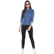 Generic Women's Denim Solid 3-4th Sleeves Regular Top (Blue) - Image 3