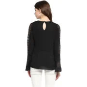Generic Women's Polyester Georgette Self Design Bell Sleeve Regular Top (Black) - Image 2