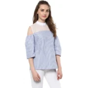 Generic Women's Cotton Striped Cold Shoulder Top (Blue) - Image 5