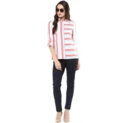Generic Women's Cotton Striped Roll Up Sleeve Regular Top (Red) - Image 3