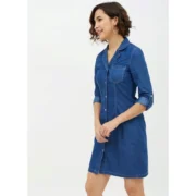 Generic Women's Denim Solid Long Sleeves Above Knee Dress (Blue) - Image 3
