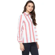 Generic Women's Cotton Striped Roll Up Sleeve Regular Top (Red) - Image 5