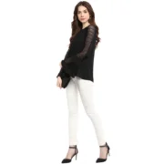 Generic Women's Polyester Georgette Self Design Bell Sleeve Regular Top (Black) - Image 3