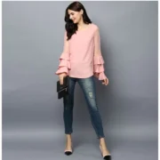 Generic Women's Polyester Solid Tier Sleeve Top (Pink) - Image 3
