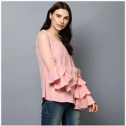 Generic Women's Polyester Solid Tier Sleeve Top (Pink) - Image 5