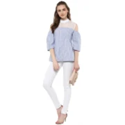 Generic Women's Cotton Striped Cold Shoulder Top (Blue) - Image 3