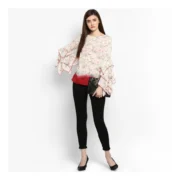 Generic Women's Rayon Crepe Printed Ruffle Sleeve Top (Off White - Red) - Image 3