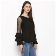 Generic Women's Polyester Solid Tier Sleeve Top (Black) - Image 5
