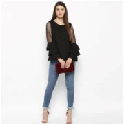 Generic Women's Polyester Solid Tier Sleeve Top (Black) - Image 3