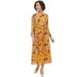 Generic Women's Polyester Floral Long Sleeves Calf-length Dress (Multicolor)