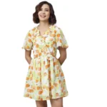 Generic Women's Polyester Printed Flutter Above Knee Dress (Yellow - Orange)