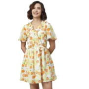 Generic Women's Polyester Printed Flutter Above Knee Dress (Yellow - Orange)