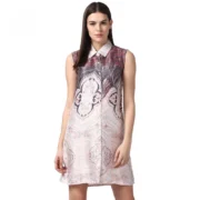 Generic Women's Polyester Printed Sleeveless Above Knee Dress (Orange)