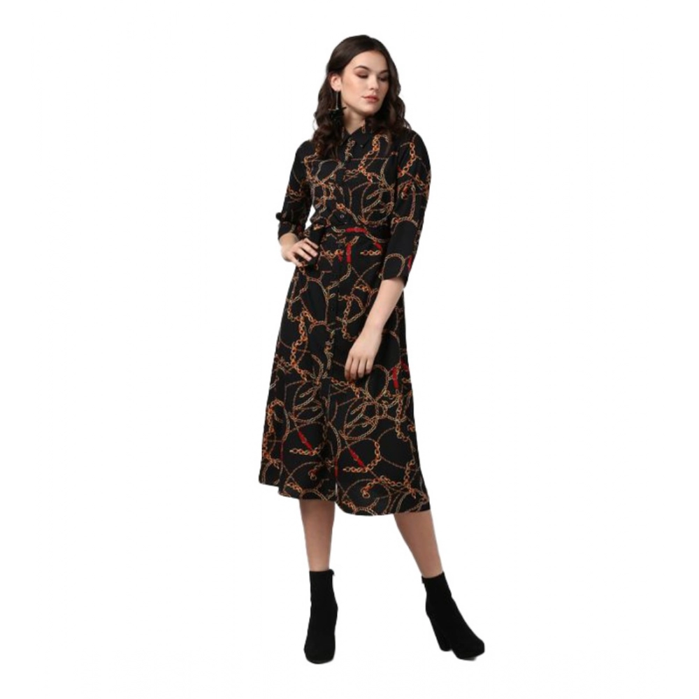54041763873_74520f6b07_o_d-1000x1000-1.webp Generic Women's Polyester Chain Print Roll Up Sleeve Below Knee Dress (Black - Yellow) - Image 1