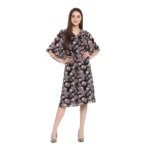 Generic Women's Polyester Floral Short Sleeve Knee-Length Dress (Black - Multicolor)
