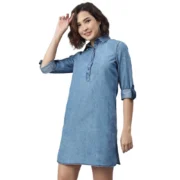 Generic Women's Denim Solid Long Sleeves Above Knee Dress (Ice Blue)