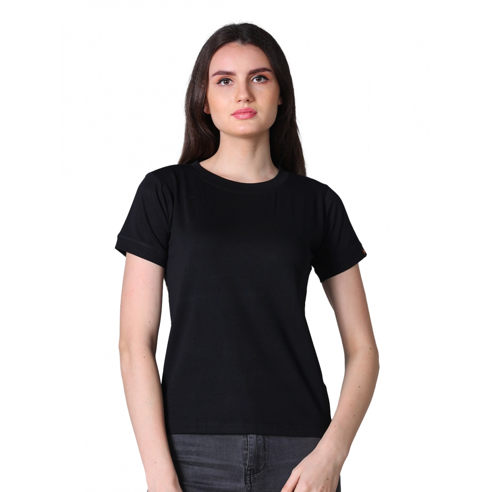 54089009502_14220510ec_o_d-1000x1000-1.webp Generic Women's Cotton Blended Solid Round Neck Half Sleeve T-Shirt (Black) - Image 1