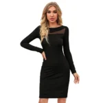 Generic Women's Knitting stretchable Solid Round Neck Full Sleeve Dress (Black)