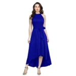 Generic Women's Polyster Solid Halter Neck Sleeveless Dress (Royal Blue)