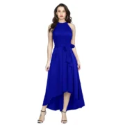 Generic Women's Polyster Solid Halter Neck Sleeveless Dress (Royal Blue)