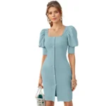 Generic Women's Knitting stretchable Solid Square Neck 3-4 Puff Sleeve Dress (Pista)