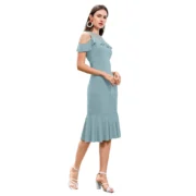 Generic Women's Knitting stretchable Solid Round Neck Sleeveless Dress (Pista ) - Image 4