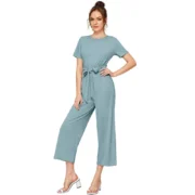 Generic Women's Knitting stretchable Solid Round Neck Cap Sleeve Jumpsuit (Pista ) - Image 2