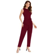 Generic Women's Knitting stretchable Solid Round Neck Sleeveless Jumpsuit (Maroon) - Image 2
