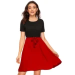 Generic Women's Knitting stretchable Solid Round Neck Cap Sleeve Dress (Red)