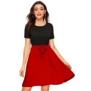 Generic Women's Knitting stretchable Solid Round Neck Cap Sleeve Dress (Red)