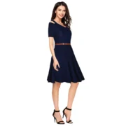 Generic Women's Polyester Solid V Neck Cap Sleeve Dress (Blue) - Image 4