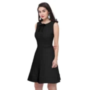 Generic Women's Polyester Solid Round Neck Sleeveless Dress (Black) - Image 2