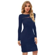Generic Women's Knitting stretchable Solid Round Neck Full Sleeve Dress (Blue ) - Image 4