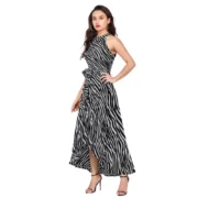 Generic Women's Polyester Zebra Pattern Halter Neck Sleeveless Dress (Navy Blue) - Image 4